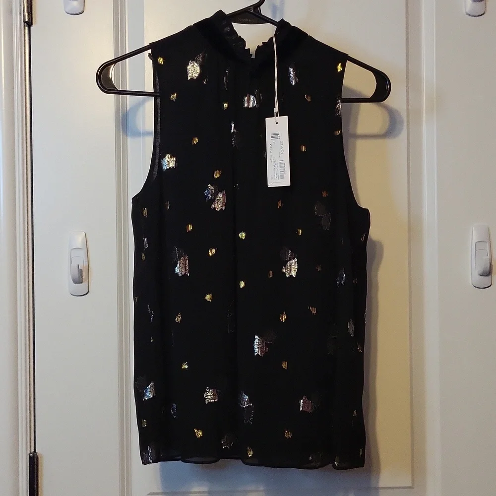 NWT Rebecca Taylor Silk Blouse Sleeveless Scattered Tulups Top Gold Silver Foil - Picture 5 of 8